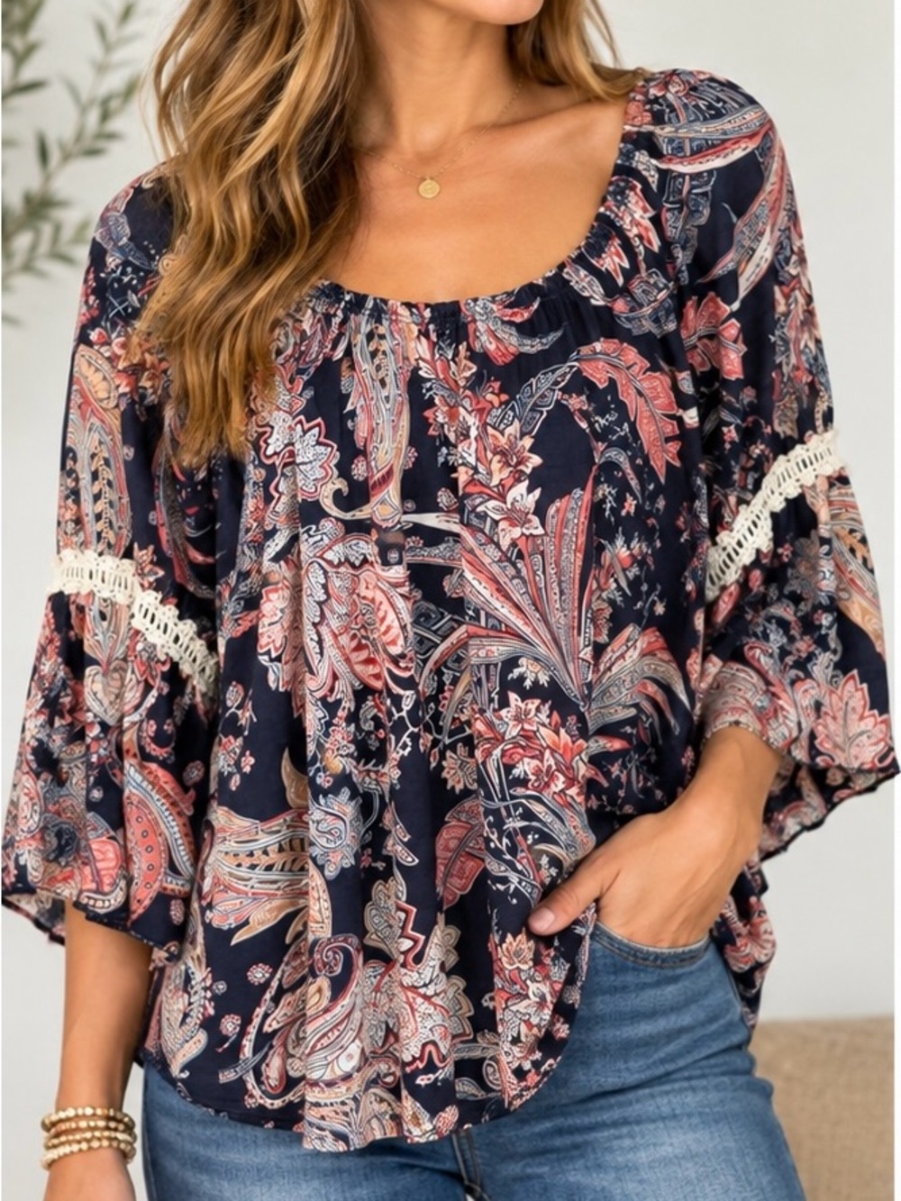 NAIF Paisley Boho Top Size- M Navy Floral Crochet Bell Sleeve